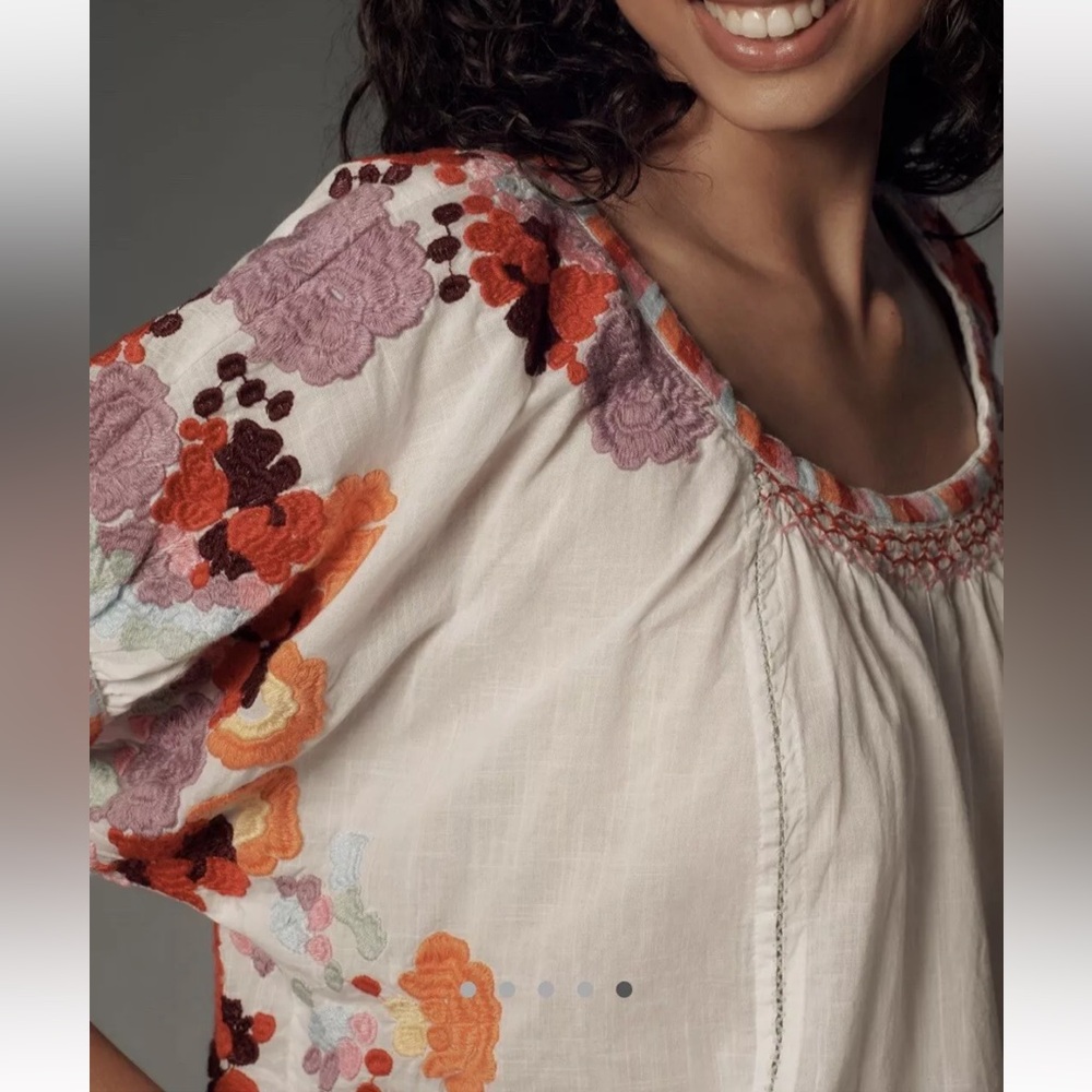 Anthropologie Short Sleeve Embroidered Floral Tunic Top Size Large/XL EUC - Picture 3 of 12